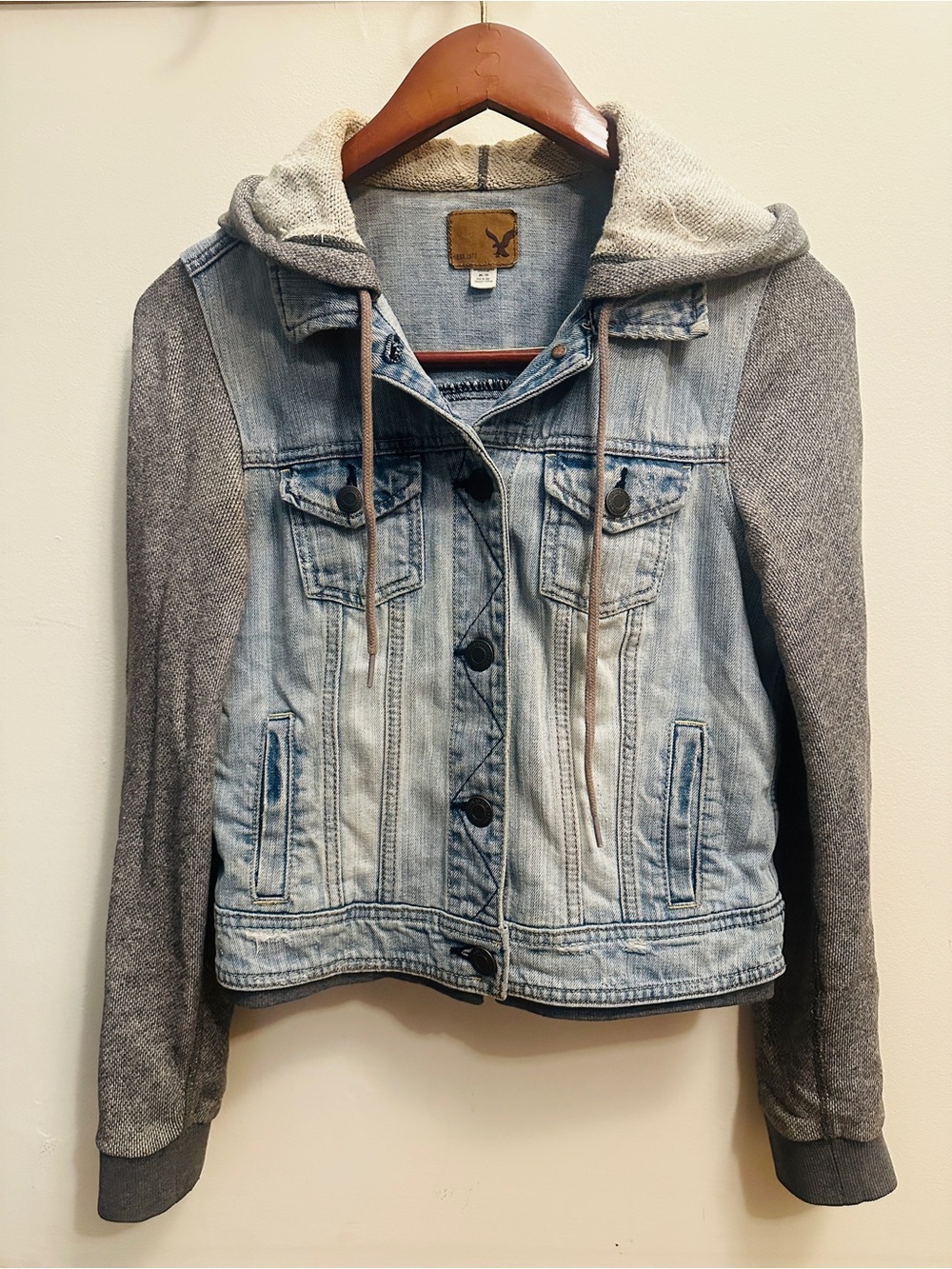 American Eagle Outfitters Distressed Jean Jacket with Gray Hood & Sleeves